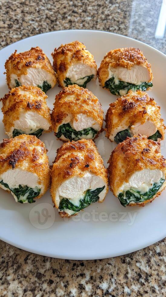A plate of chicken and spinach stuffed with cheese photo