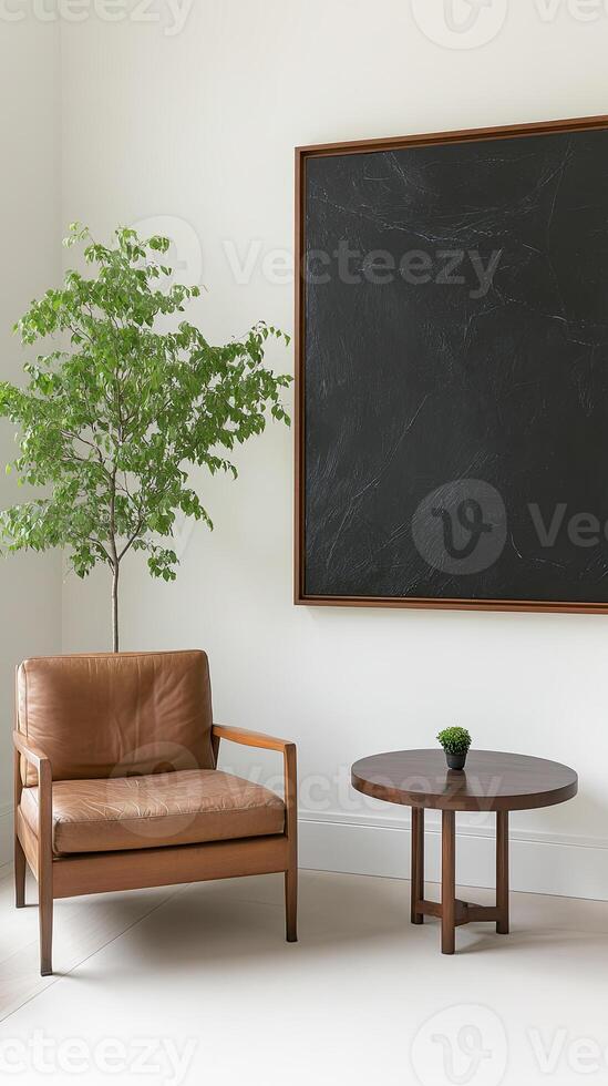 A chair and a table in a room with a blackboard photo