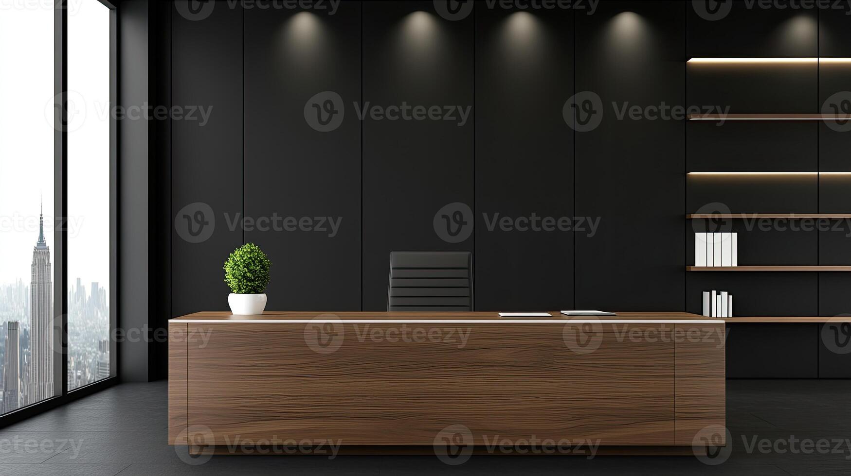 A modern office with black walls and a desk photo