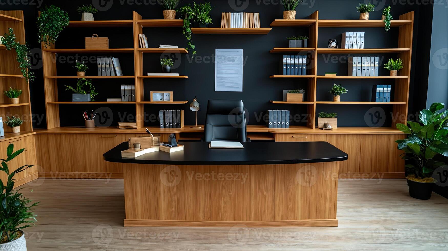 A home office with black walls and wooden floors photo