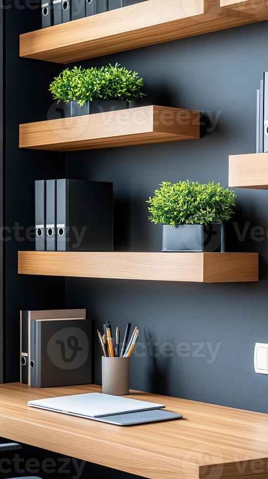 A desk with a shelf and a plant on it photo