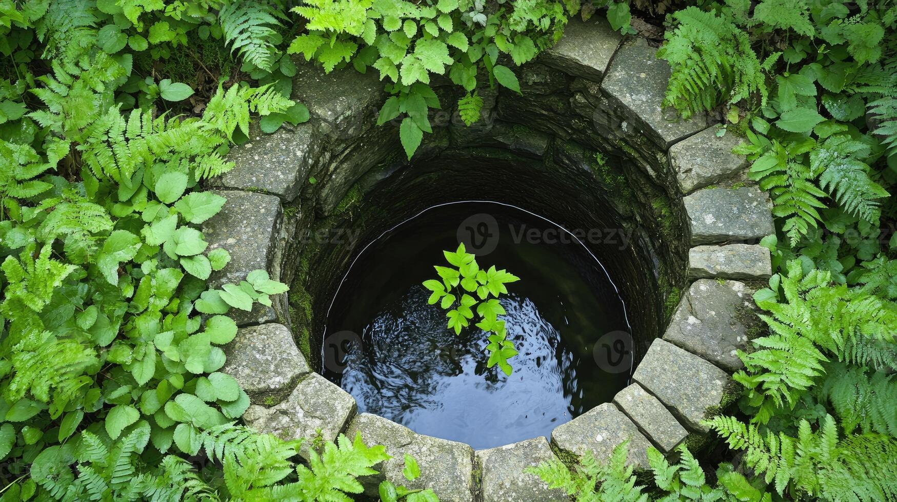 A small hole in the ground surrounded by green plants photo