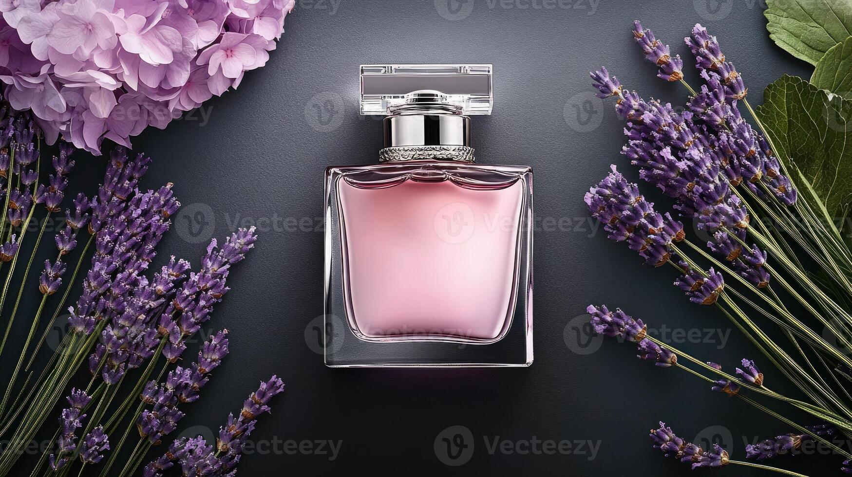 A perfume bottle surrounded by lavender flowers photo