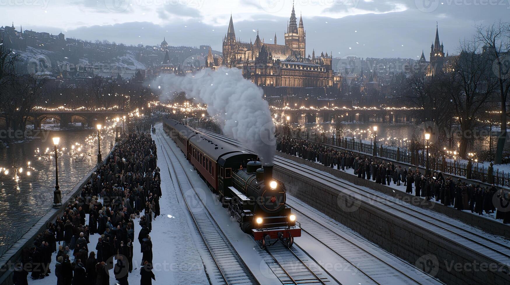A train is traveling down a snowy track with people on the tracks photo
