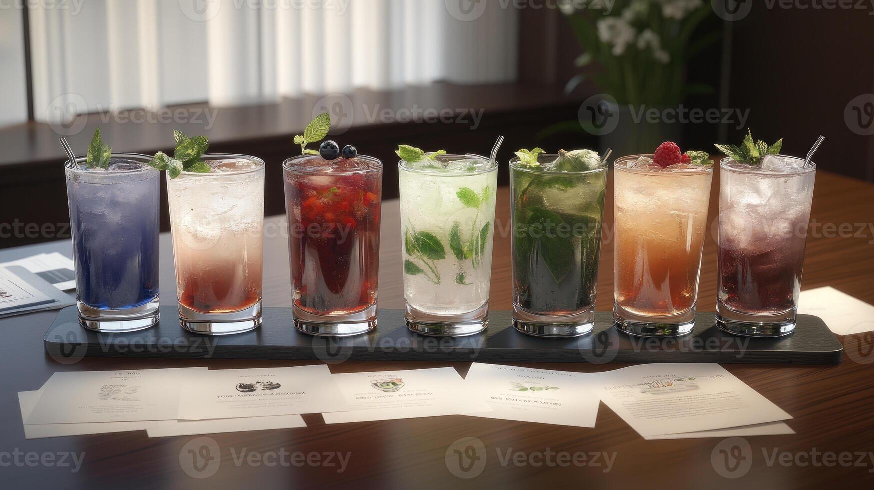A table with six different drinks on it photo