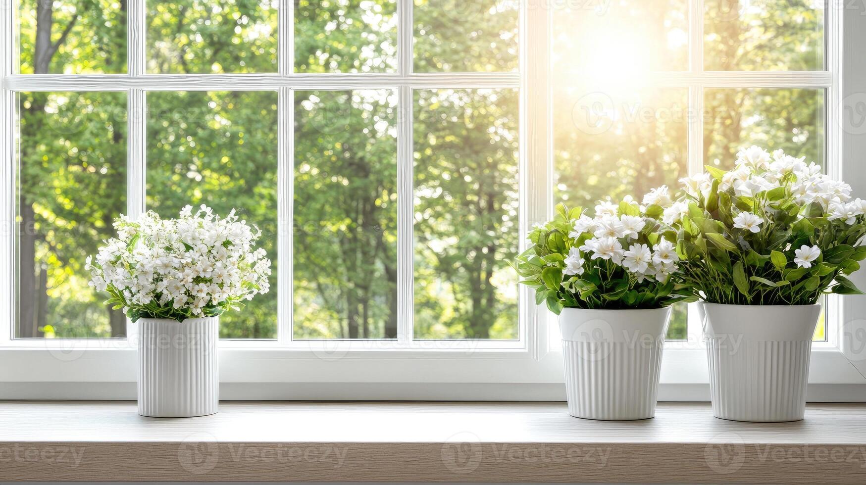 Three white vases with flowers on a window sill photo