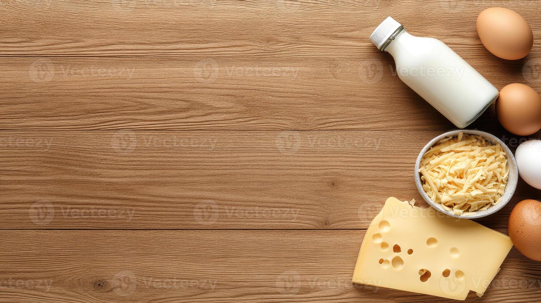 Cheese, eggs, milk and cheese on wooden table photo