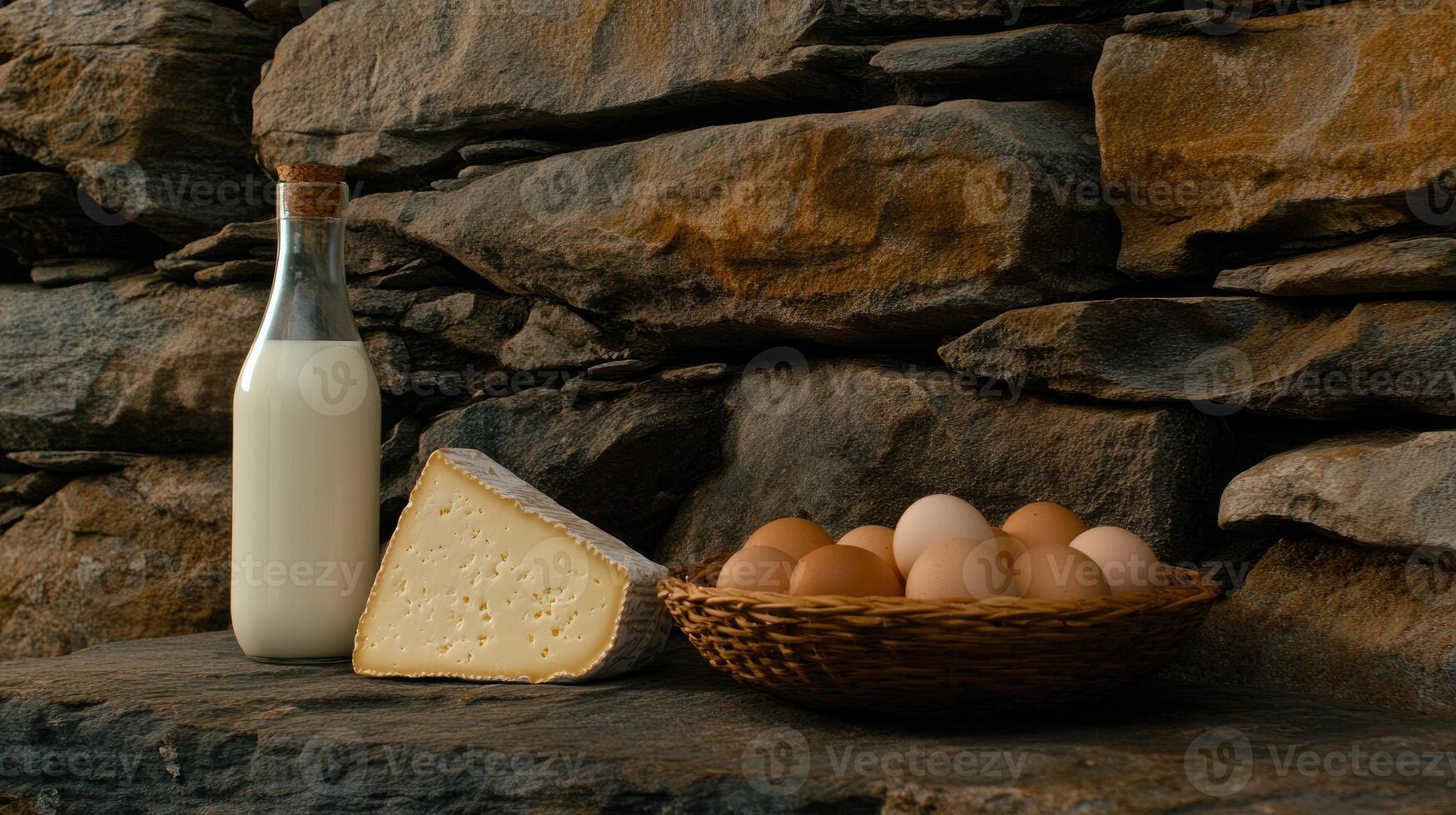 A bottle of milk and a basket of eggs photo