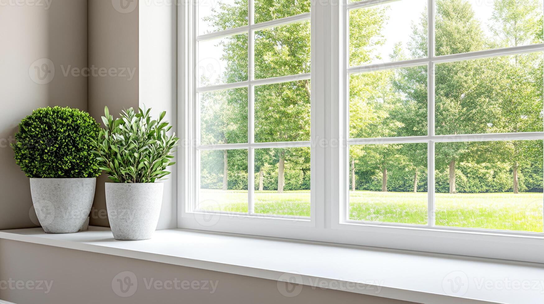 A window with a green lawn and trees in front of it photo