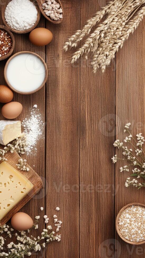 Various ingredients for baking on a wooden table photo