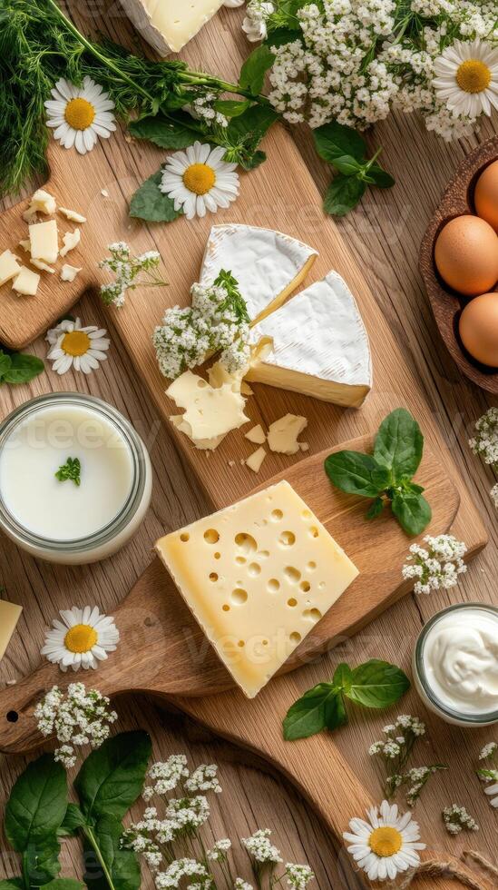 Cheese, eggs, herbs and other ingredients on wooden cutting board photo