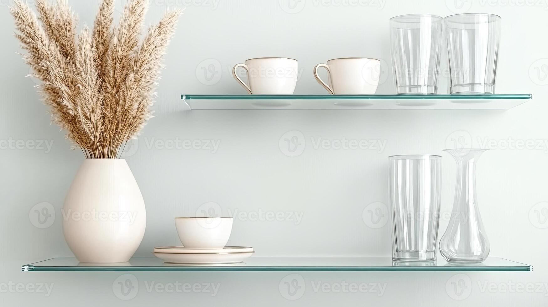 Glass shelves with vases and cups on a wall photo