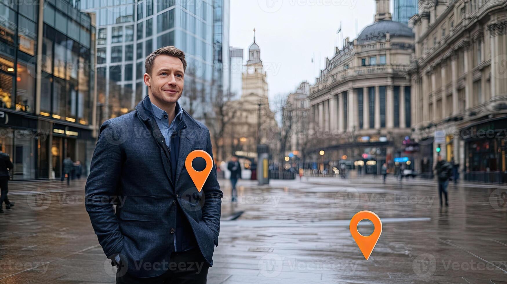 A man standing in front of a city street with a map pin photo