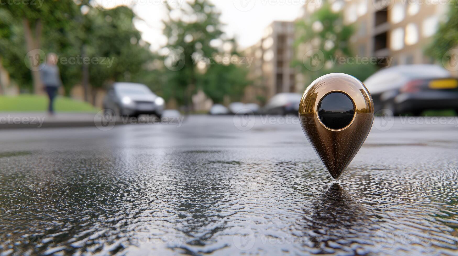 A golden object sitting on the ground in the middle of a wet street photo