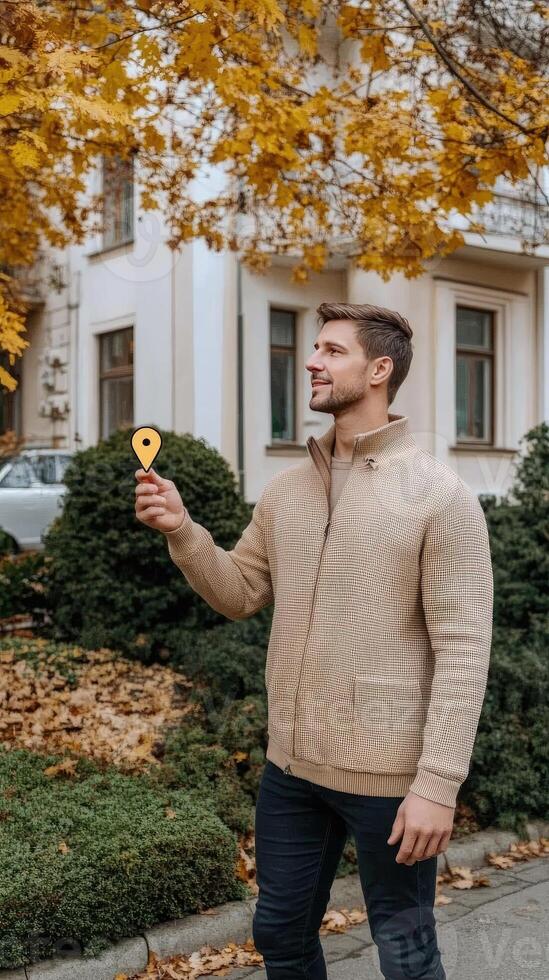 Man holding a yellow key in front of a house photo