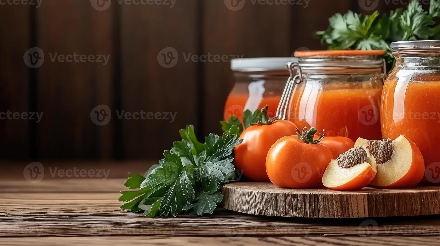 A jar of tomato juice with tomatoes and parsley photo