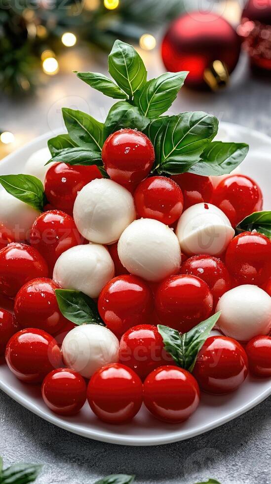 A plate of red and white mozzarella cheese with basil leaves photo