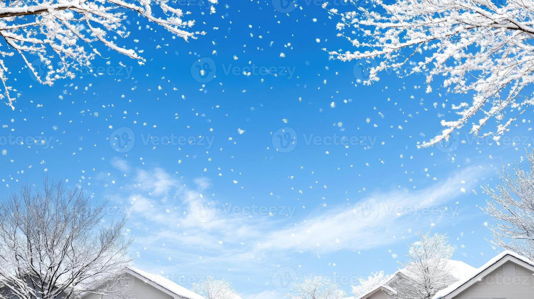 Winter landscape with houses and trees covered in snow photo