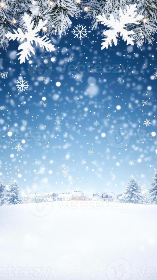 Christmas background with snowflakes and trees photo