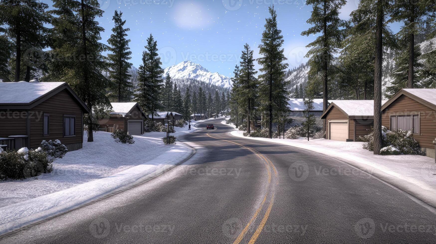 A snowy road with houses on either side photo