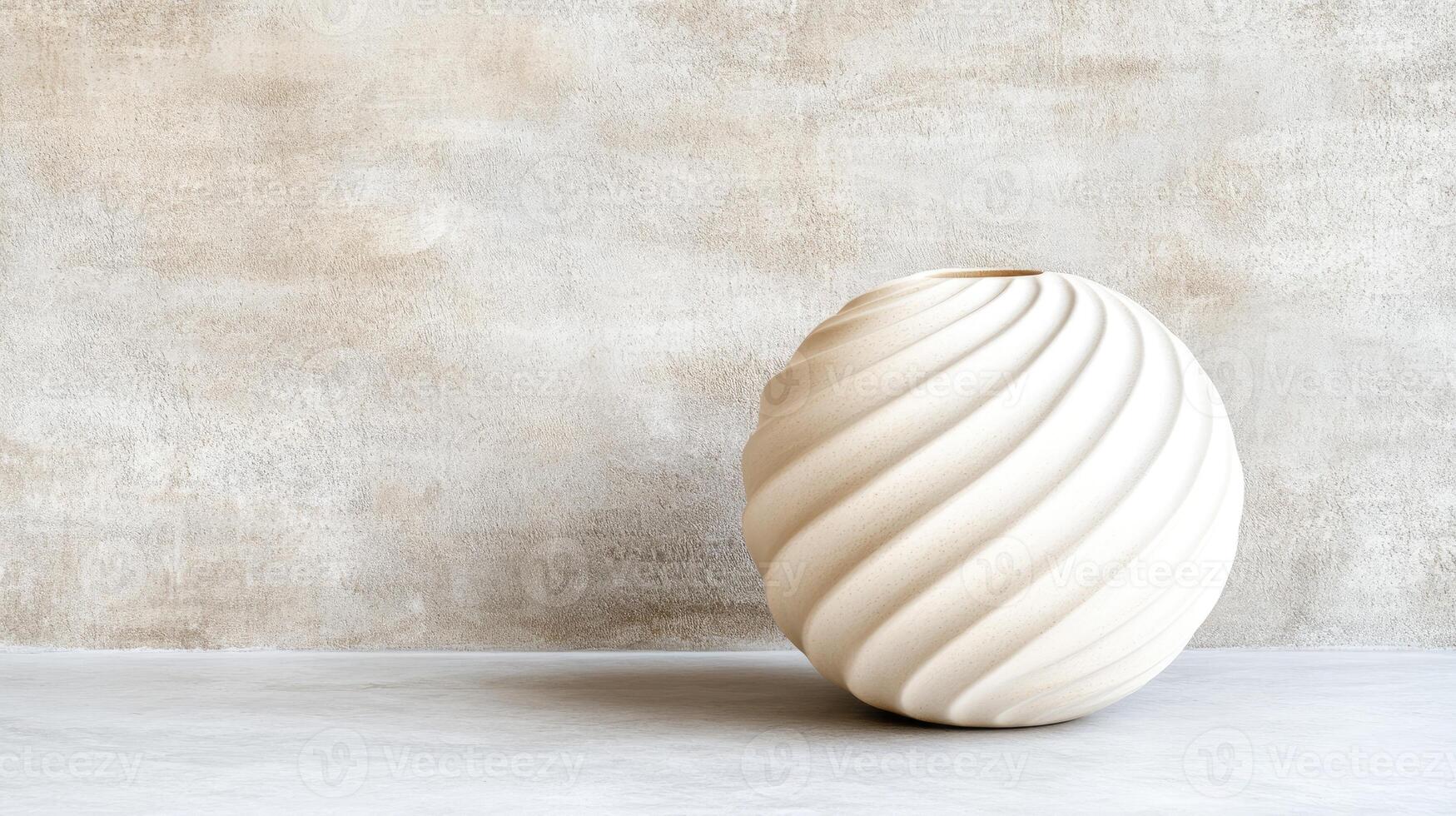 A white vase with a curved design sitting on a table photo