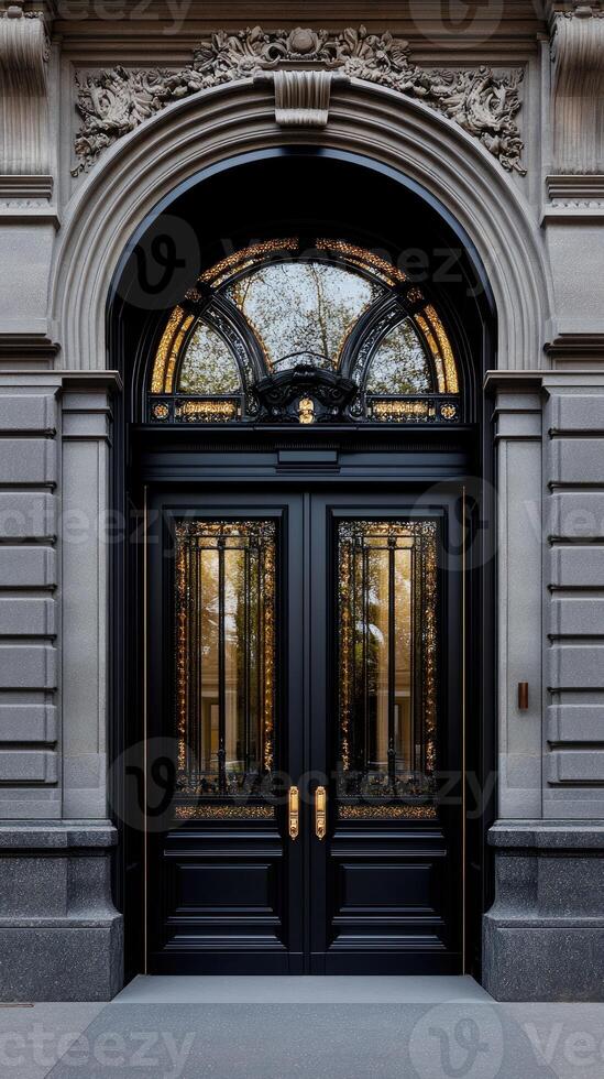 A black door with ornate details on the side photo