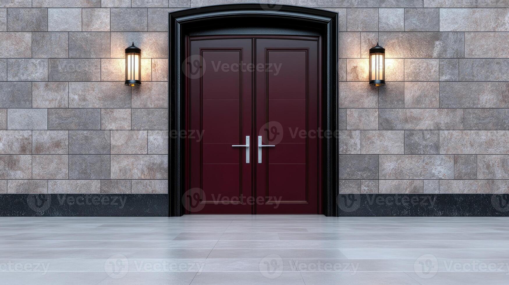 A red door is open in front of a wall photo