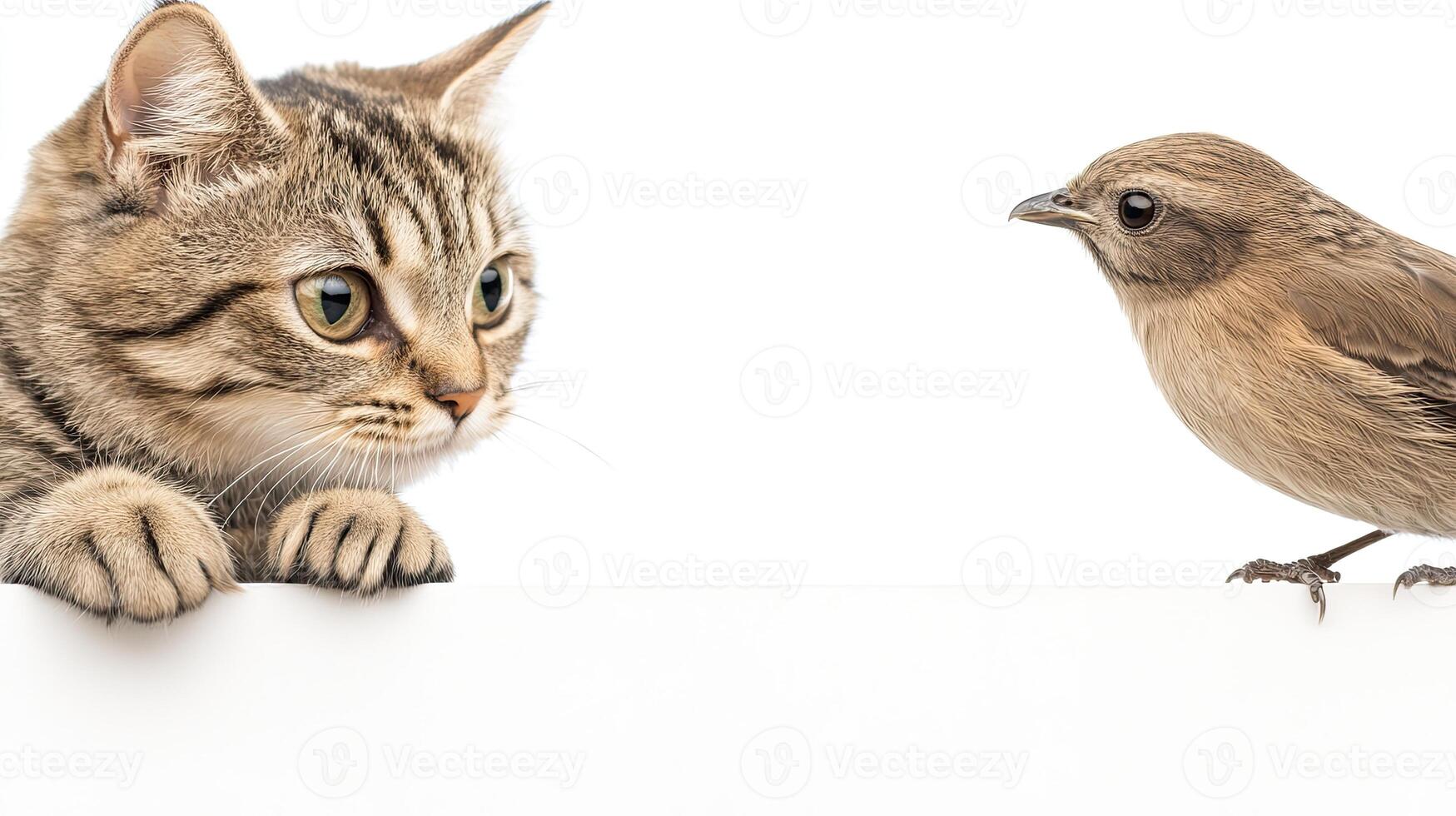 A cat and a bird are looking at each other photo