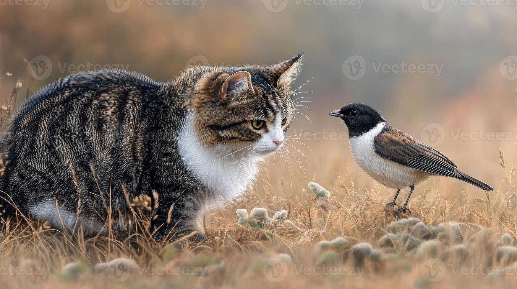 A cat and a bird in a field photo