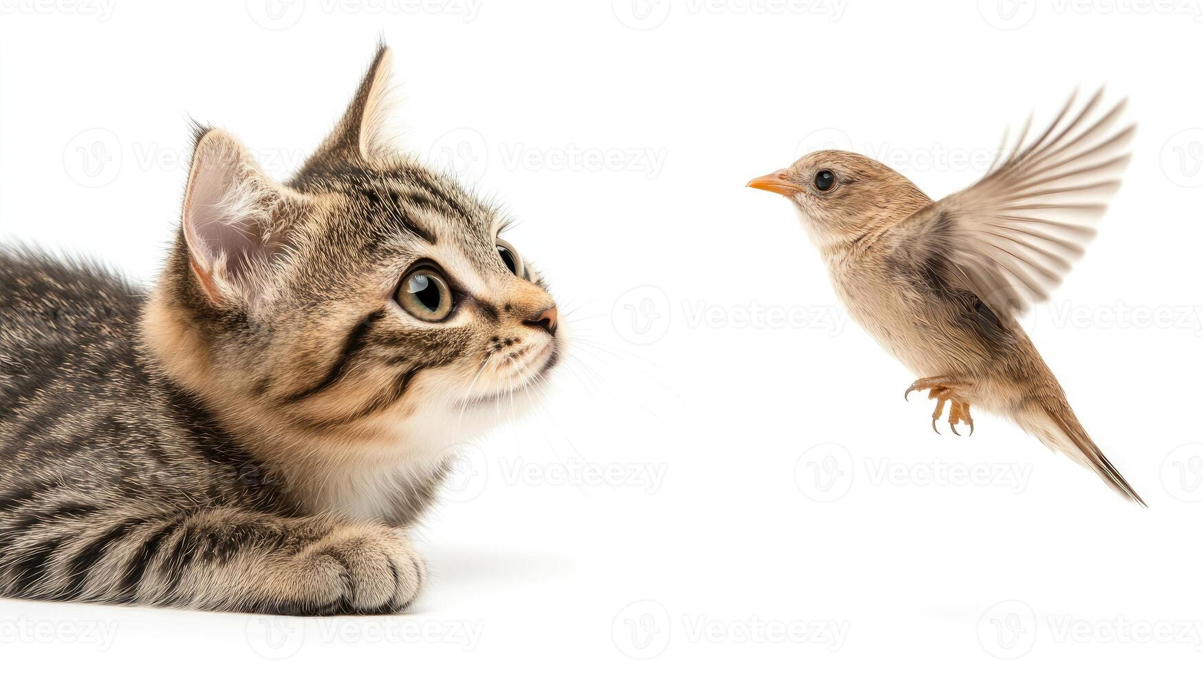 A cat and a bird are looking at each other photo