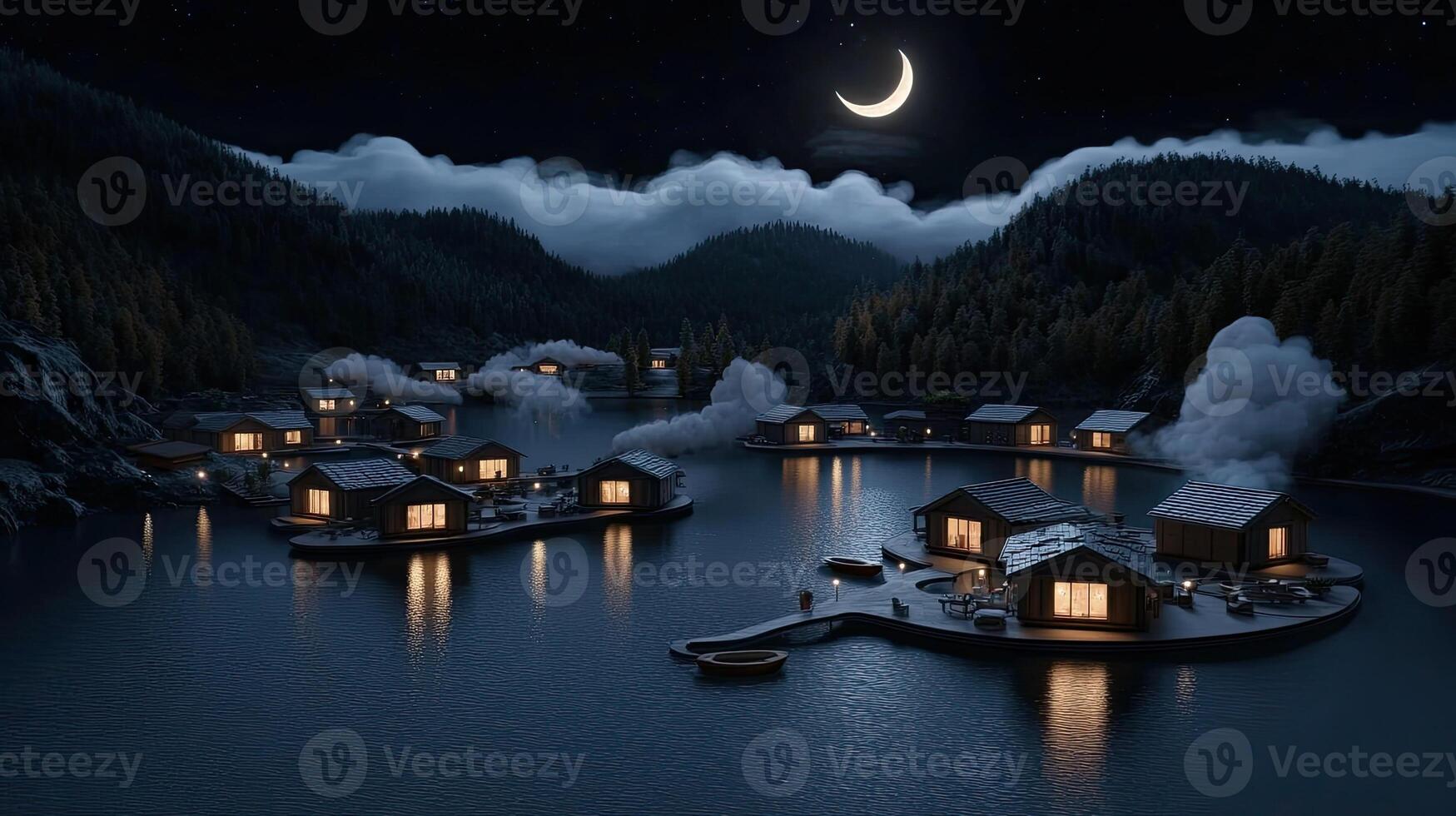 A lake with houses on floating islands at night photo