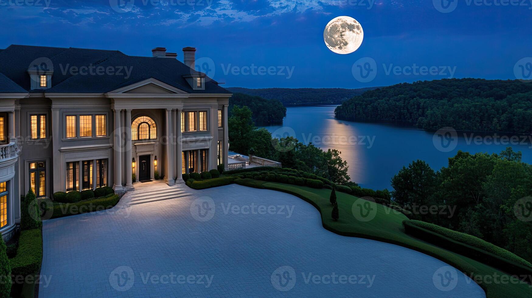 A large mansion with a full moon shining over it photo