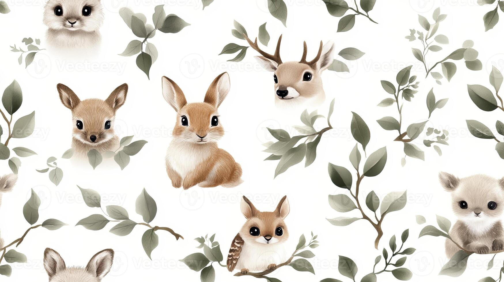A seamless pattern with rabbits and leaves photo