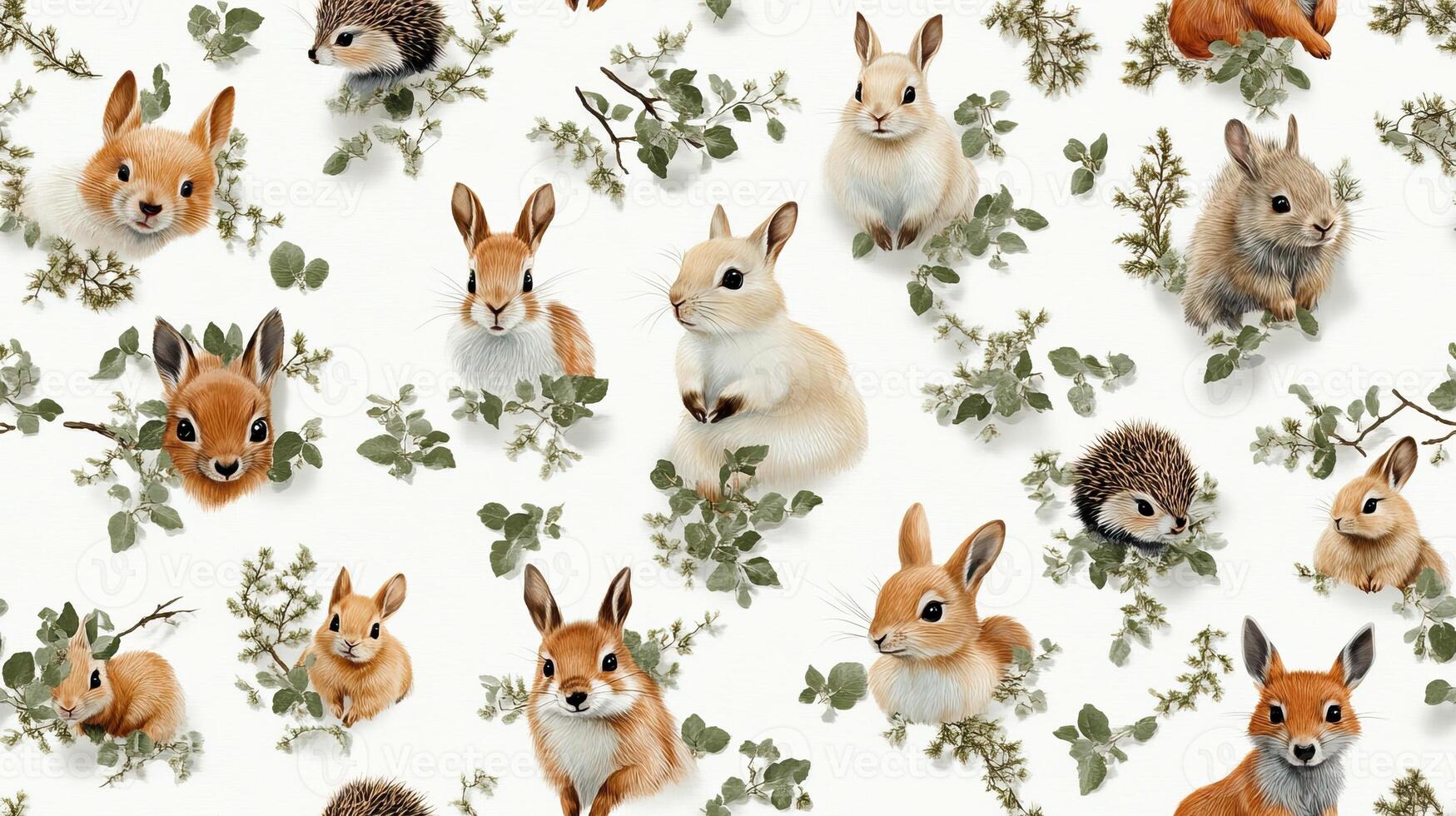 A pattern of rabbits and other animals on a white background photo