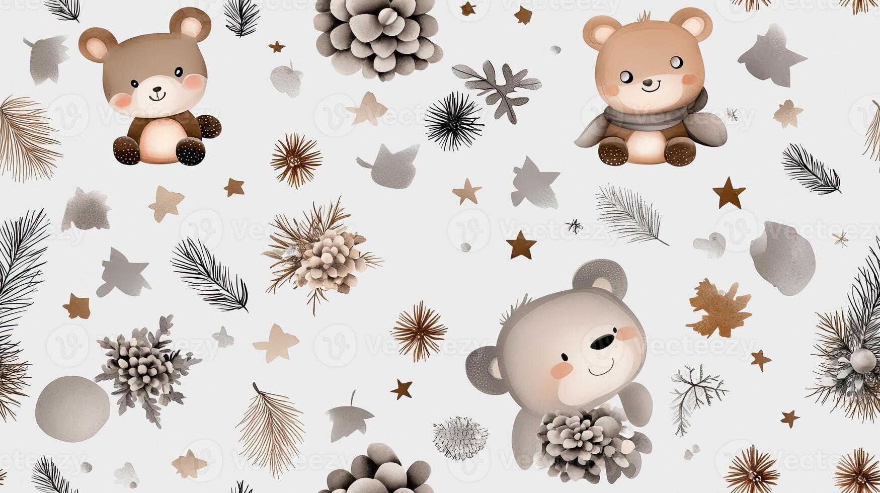 A pattern with teddy bears and pine cones photo