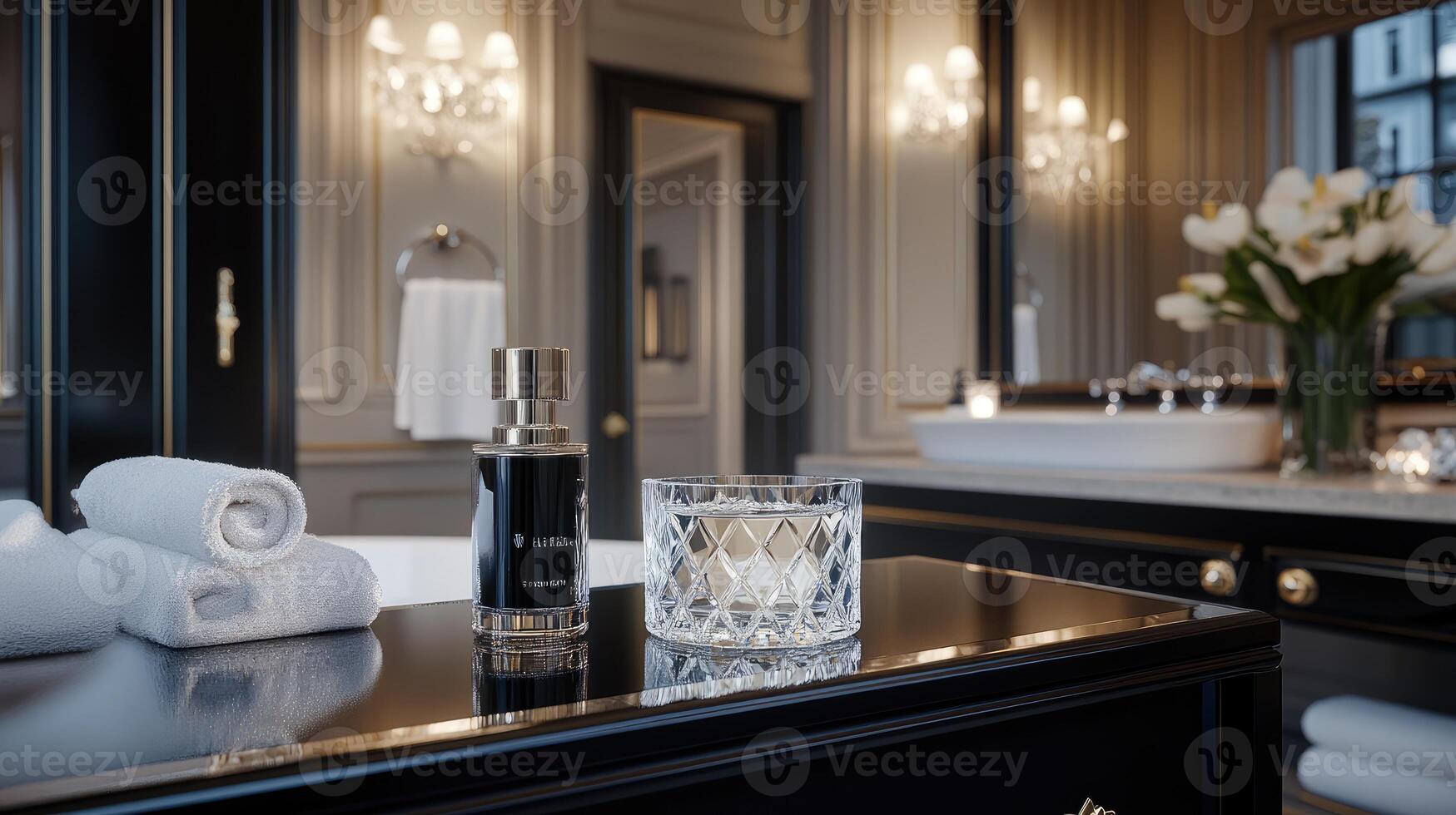 A bathroom with a black counter and a white bathtub photo
