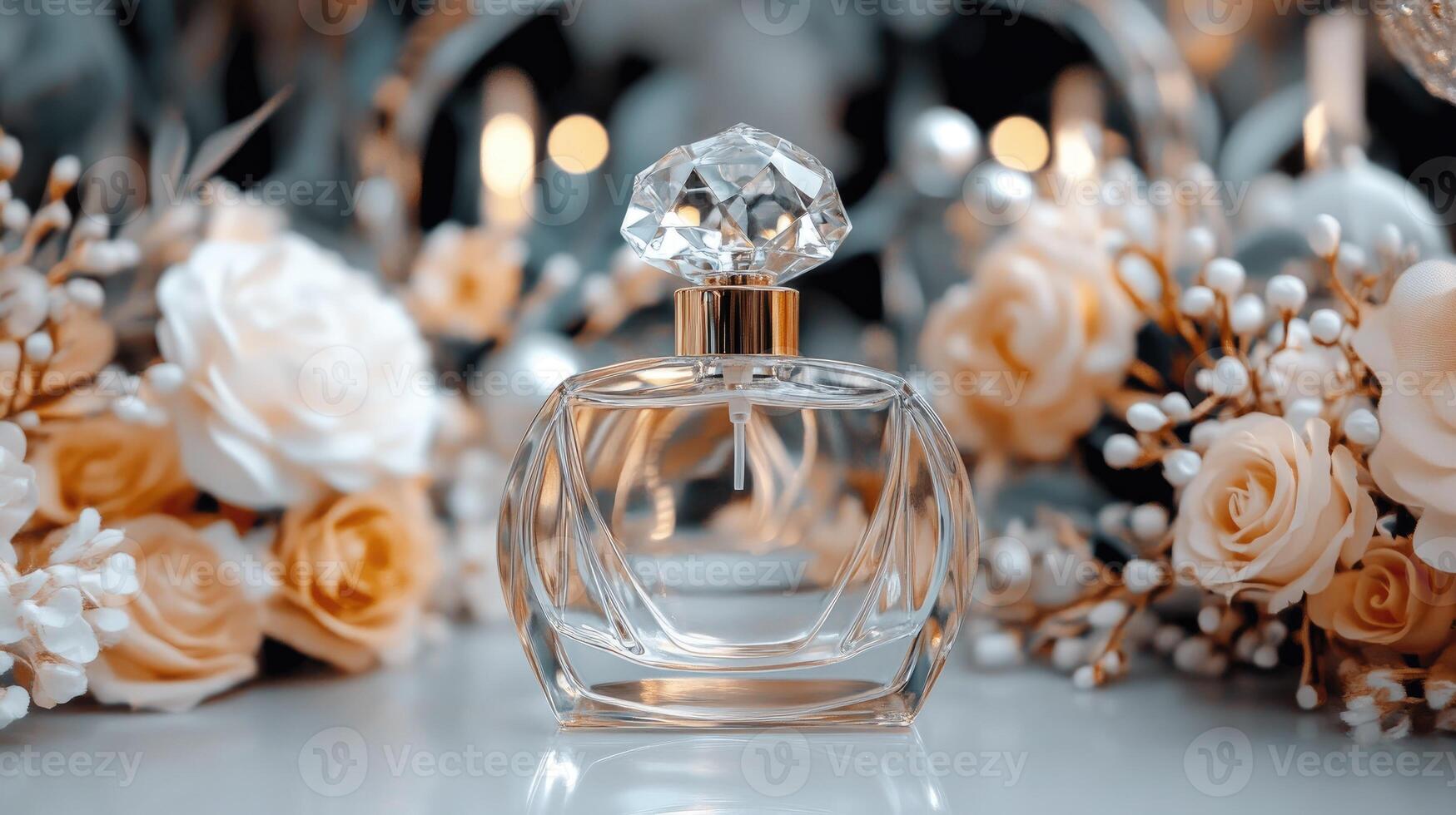 A perfume bottle sitting on a table surrounded by flowers photo