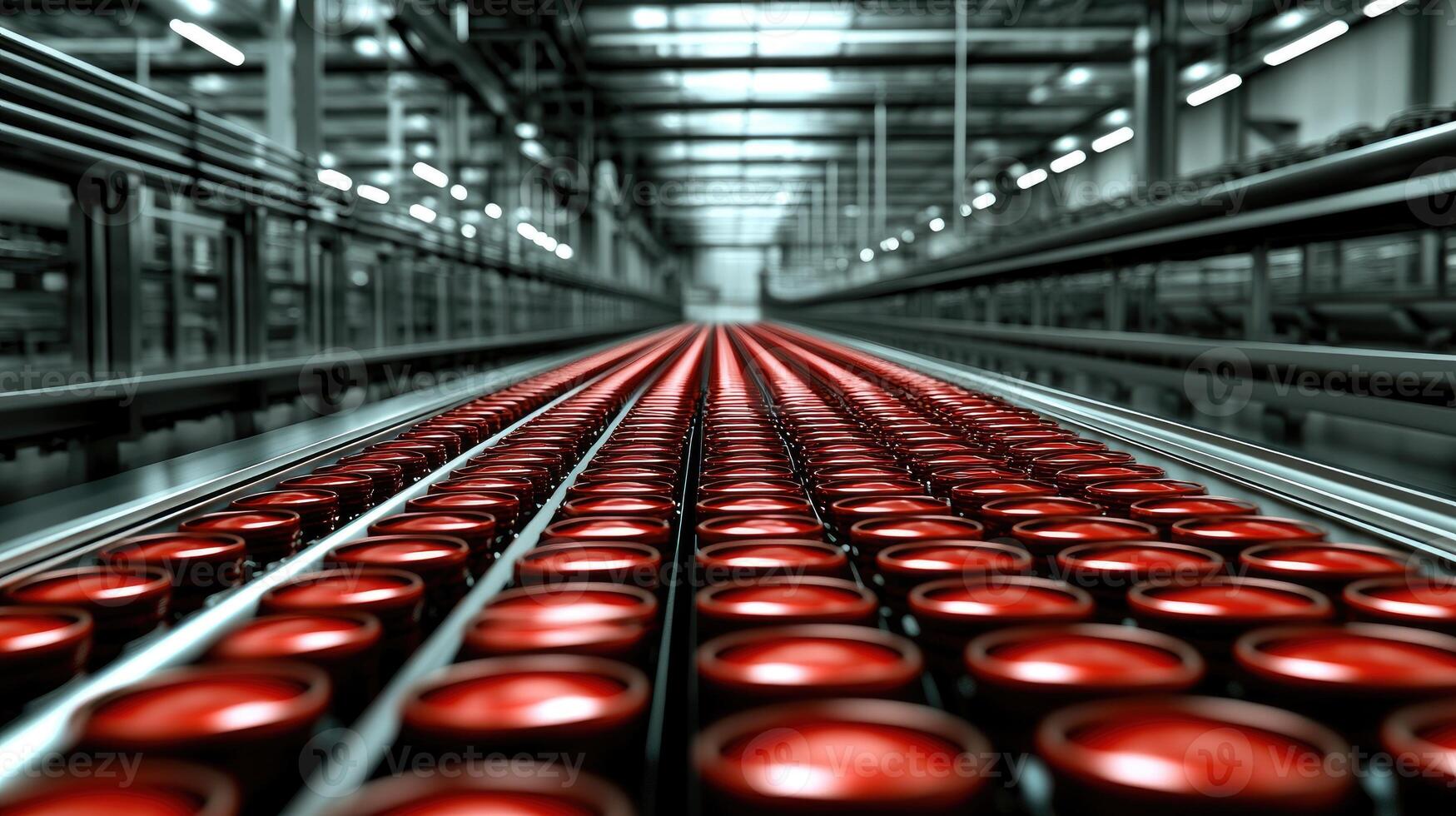 A long line of red bottles on a conveyor belt photo