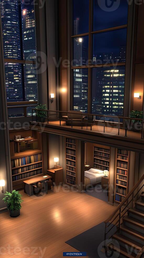 A room with a bed, bookshelves, and a desk photo