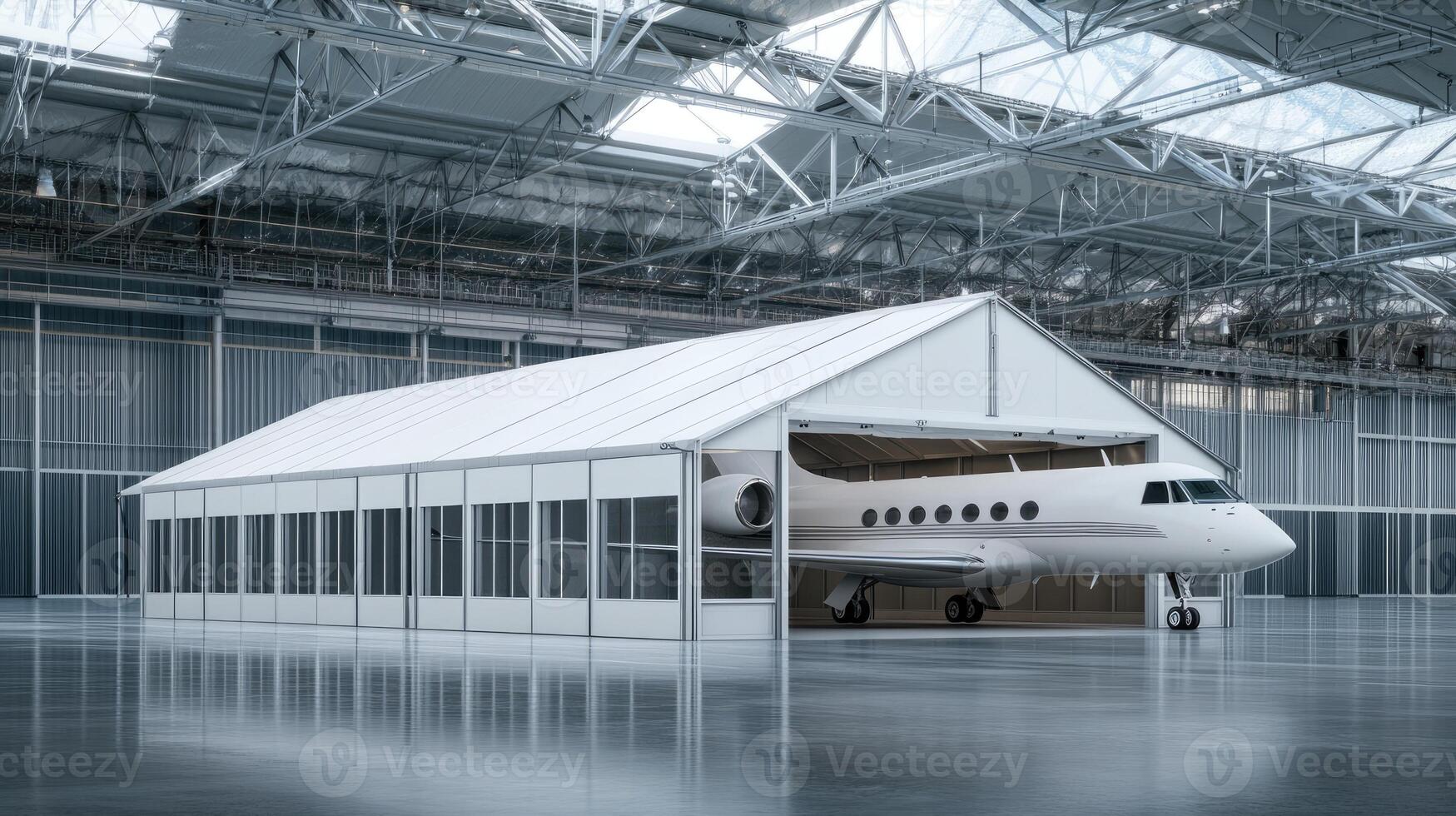 A large airplane is parked inside of a hangar photo