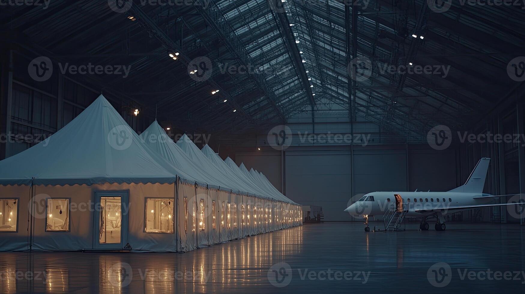 A large tent with a plane in the middle of it photo