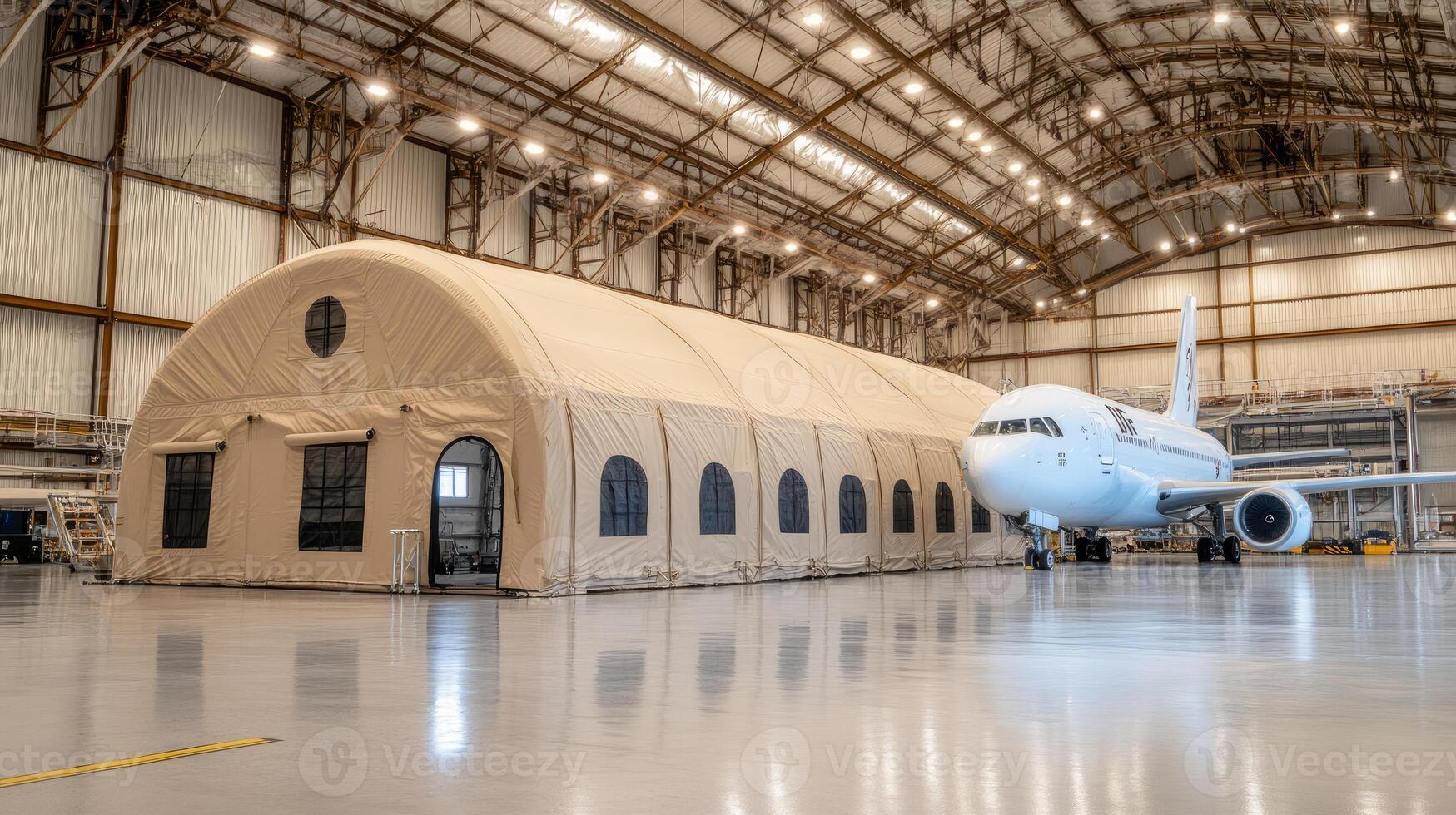A large airplane in a large hangar with a tent photo