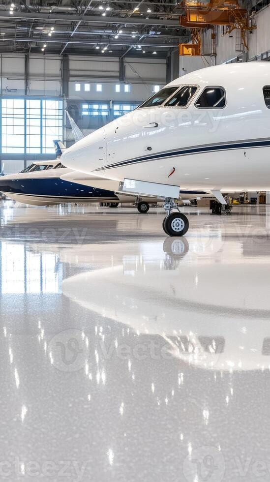 A private jet sits in a large hangar photo