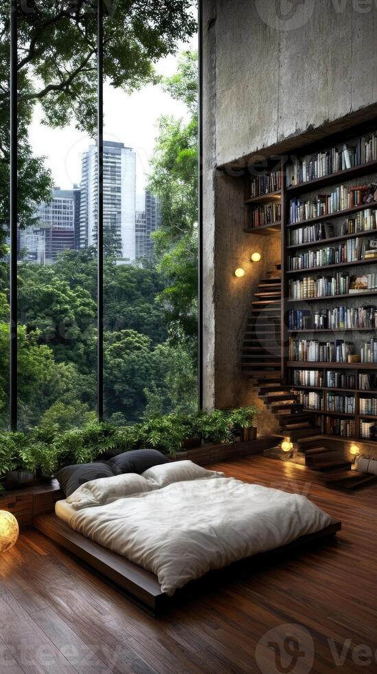 A bedroom with a bed and bookshelves in front of a window photo