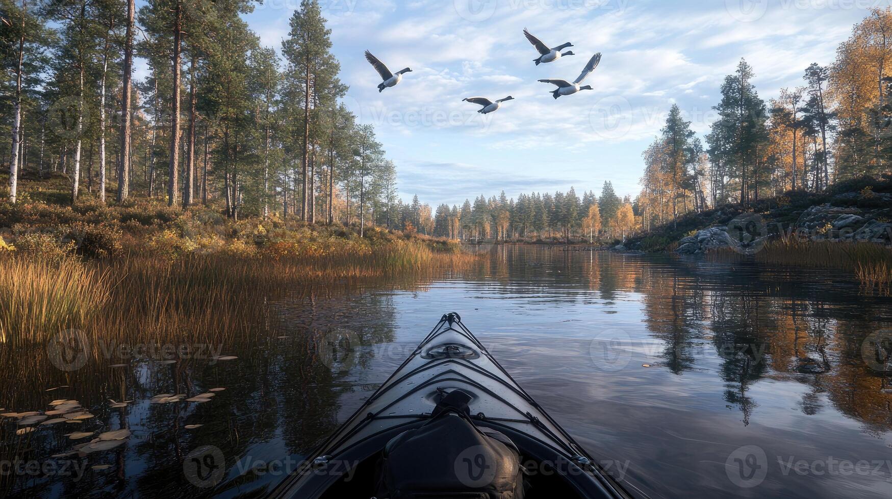 A kayak is in the middle of a river with birds flying overhead photo