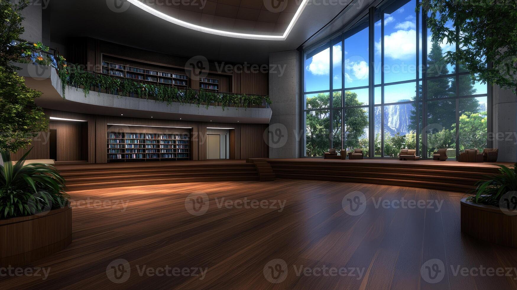 A large library with a large window and lots of plants photo