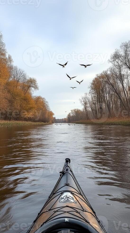 A kayak is seen in the water with birds flying overhead photo