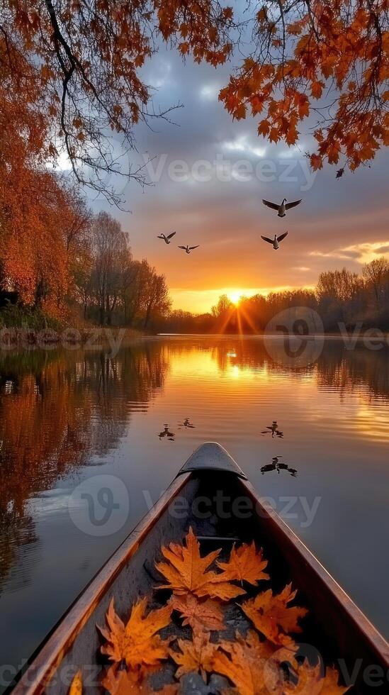 A canoe is on the water with leaves and birds flying over it photo