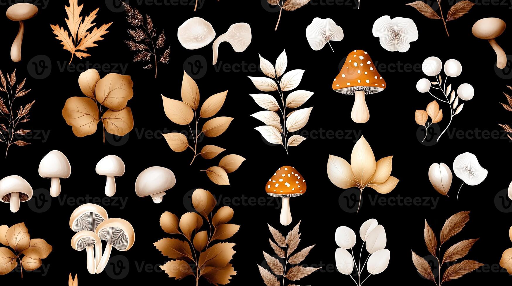 A black and white pattern with mushrooms and leaves photo