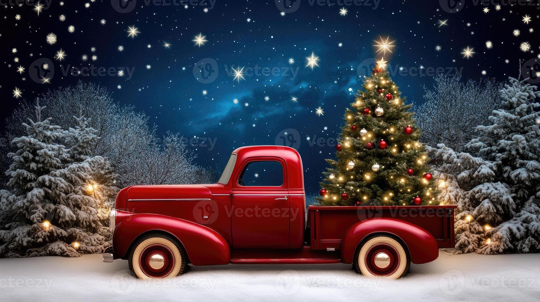 A red truck with christmas tree in the background photo